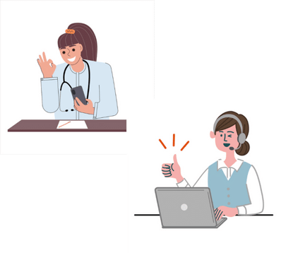Graphic depicts a doctor and an interpreter communicating through a virtual interpreting platform.