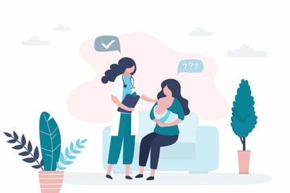 Graphic depicts a language barrier between female doctor and her female patient holding her infant in her arms.