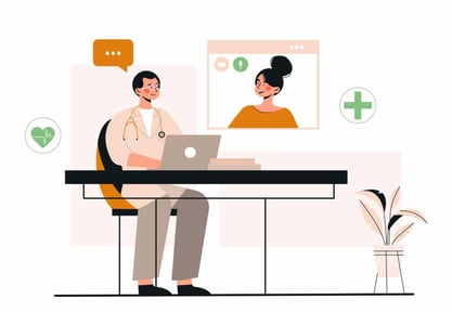 Graphic shows a doctor communicating with a virtual interpreter through computer software.