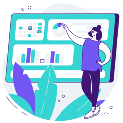 Graphic of woman pointing to data on screen