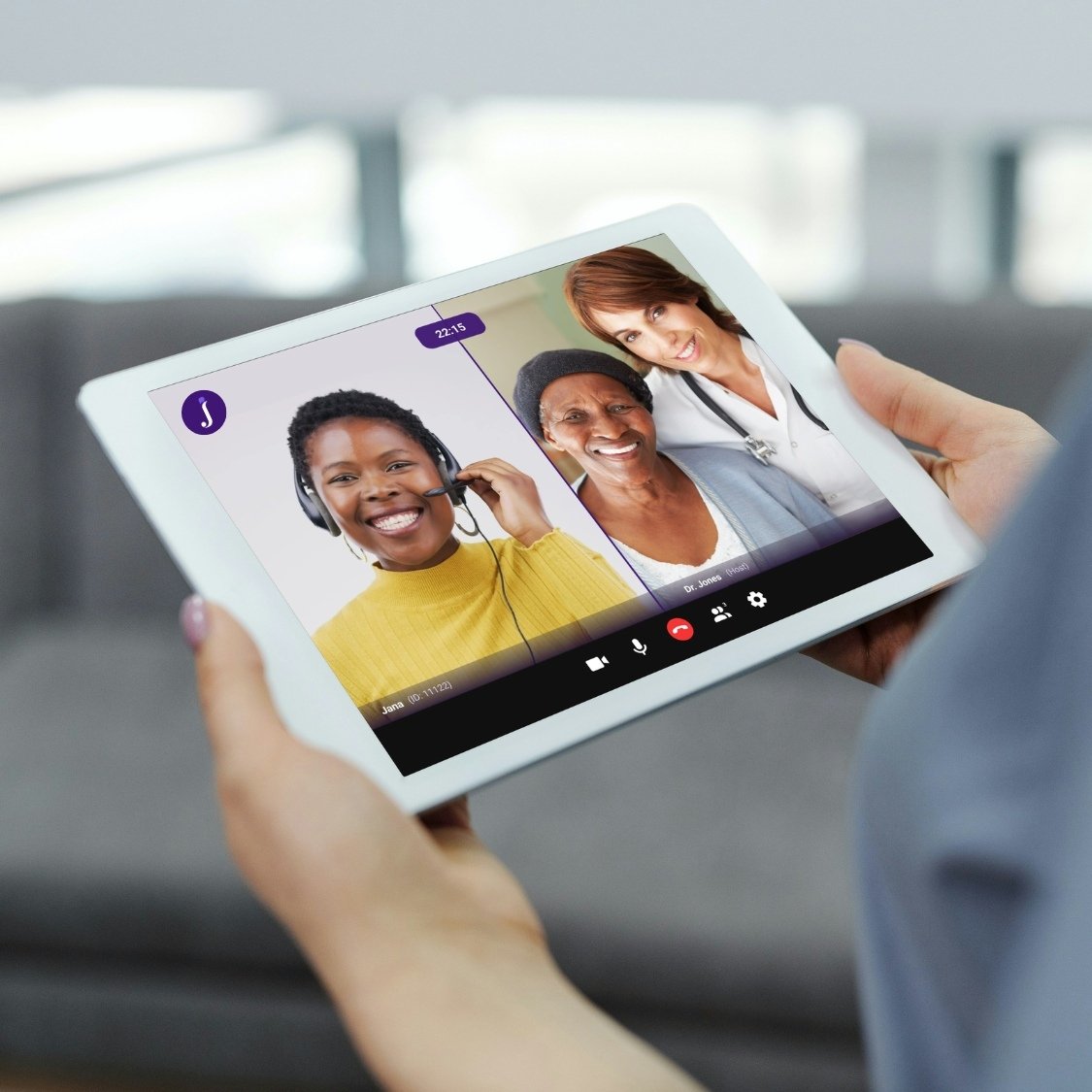 Jeenie interpreting live call screen-in hand on tablet