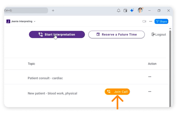 Screenshot - managing calls join upcoming interpreting call