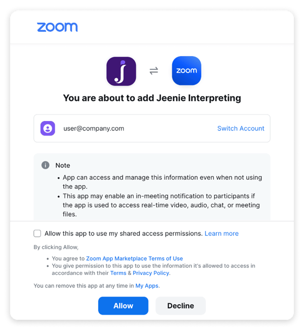 screenshot adding jeenie app zoom marketplace