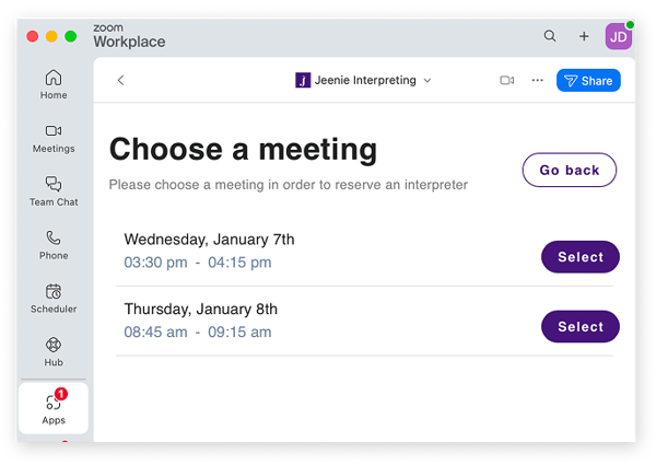 Screenshot: Schedule jeenie interpreter - choose zoom appointment