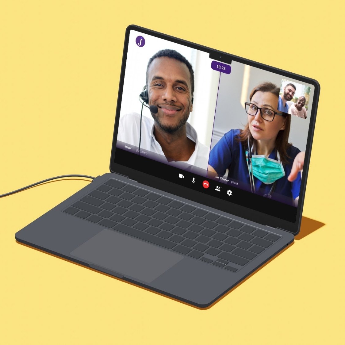 Jeenie interpreting live call with doctor laptop yellow background