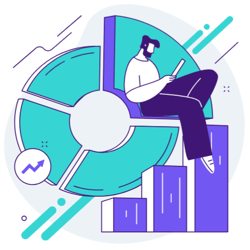 a pie chart, bar graph, and a guy. using a laptop