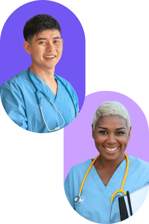 2 smiling nurses colorful backgrounds