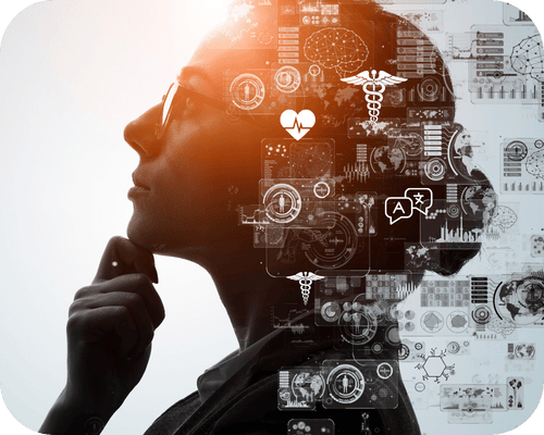 thoughtful woman with graphics of data, healthcare, global insights, ai.