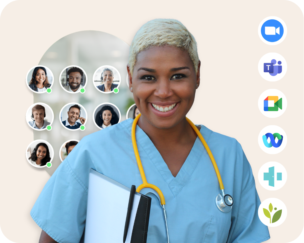 happy nurse in front of interpreters and meeting platform logomarks