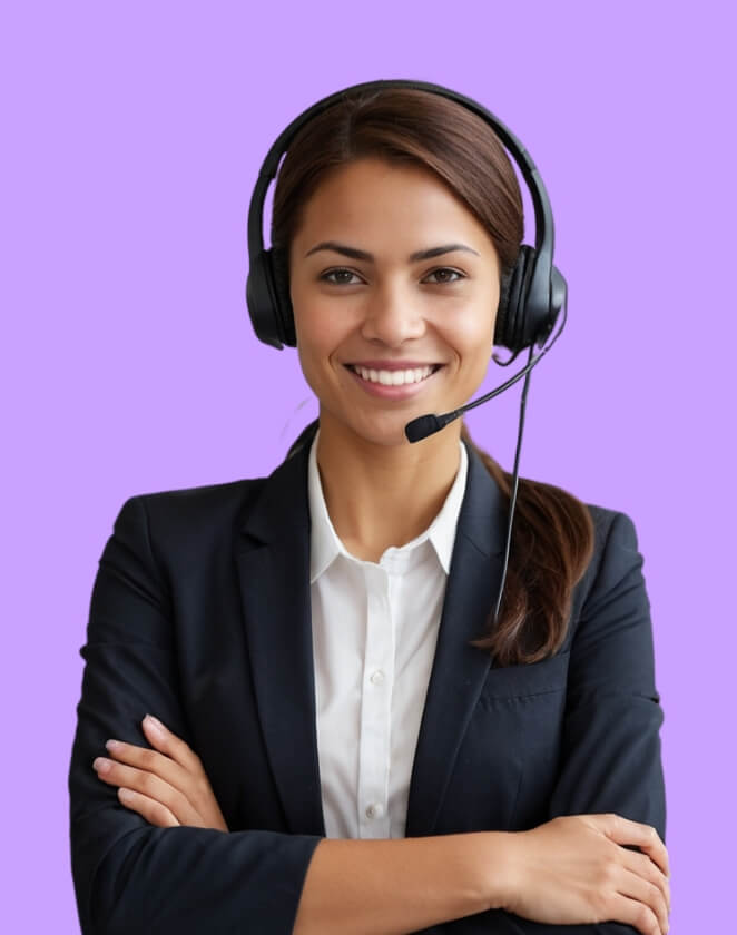 Professional woman in a headset and blazer smiling confidently on a purple background, ready to assist.