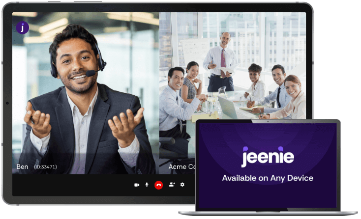 Laptop with the image of a Jeenie interpreter with a group of executives in a virtual meeting