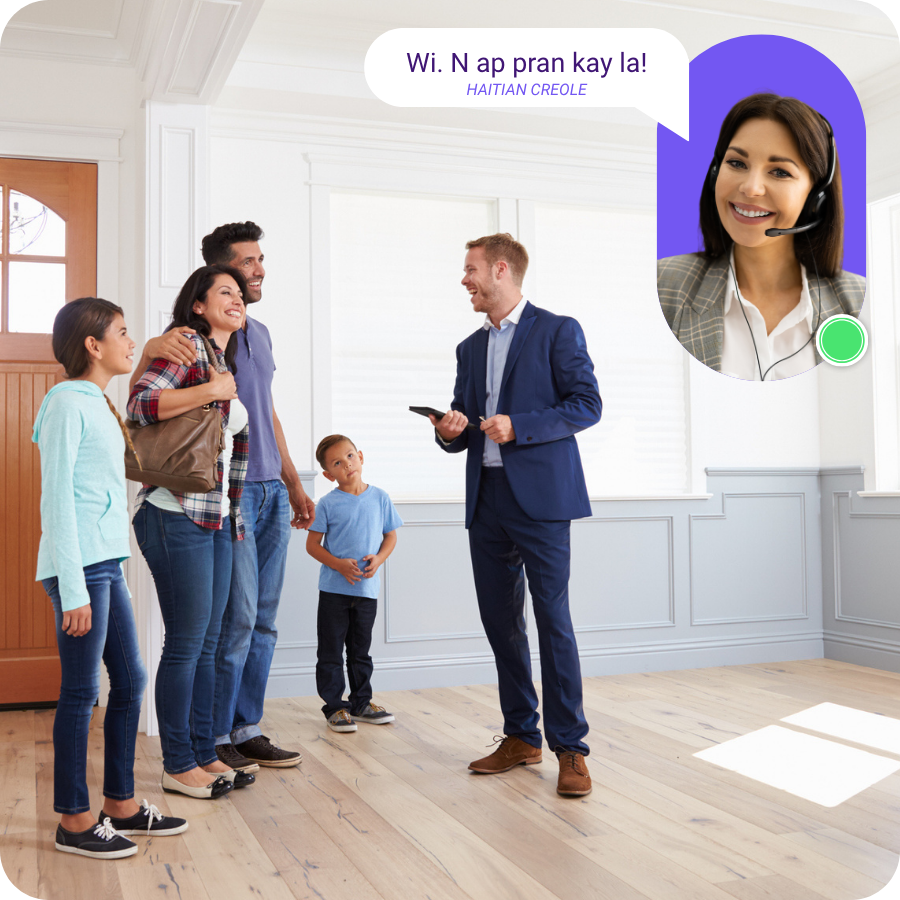 Haitian creole family in for sale home with real estate agent and remote interpreter