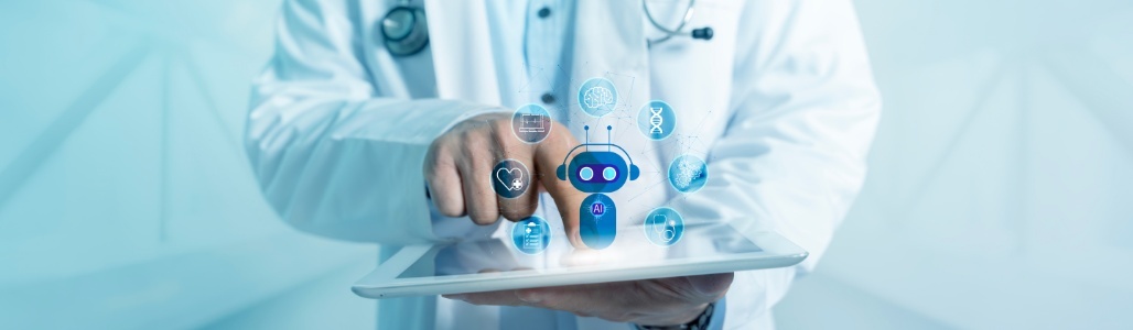 doctor holding tablet with AI interpreter visible