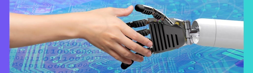 human hand reaching for robot hand over digital background