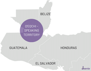 A map shows the location of native lands of Q'eqchi speaking peoples in Guatemala and Belize, where the majority of Q'eqchi interpreters and Q'eqchi translators live today.