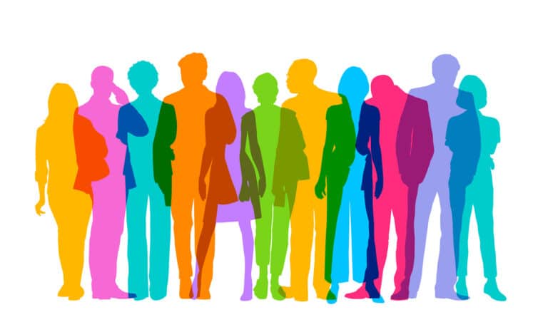 Diverse group of people represented as silhouettes of different colors.