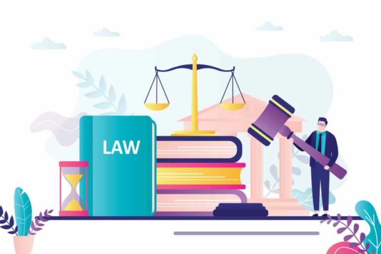 Graphic shows legal textbook, scales of justice, and figure holding a gavel