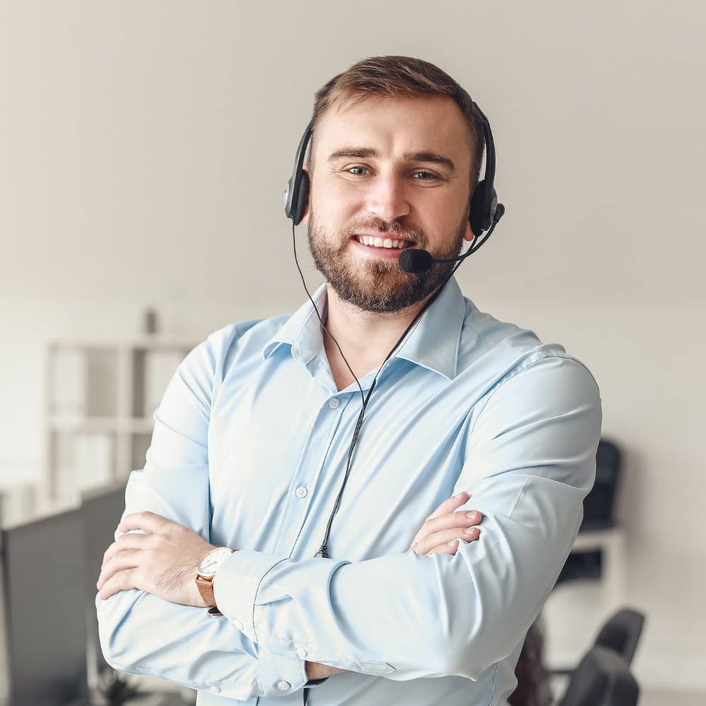 Jeenie interpreter Russian interpreter with headset smiling